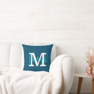 Minimalist Script Monogram Name Blue & Teal Throw Pillow
