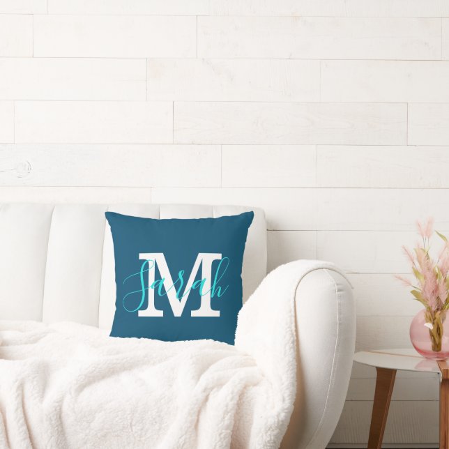 Minimalist Script Monogram Name Blue & Teal Throw Pillow (Couch)