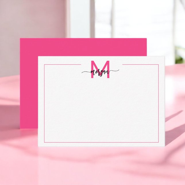 Minimalist Script Monogram One Border Hot Pink Card (Creator Uploaded)