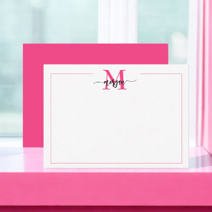 Minimalist Script Monogram One Border Hot Pink Card