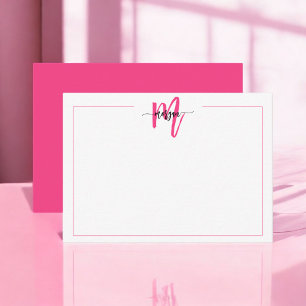 Minimalist Script Monogram One Border Hot Pink Card
