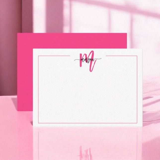 Minimalist Script Monogram One Border Hot Pink Card (Creator Uploaded)