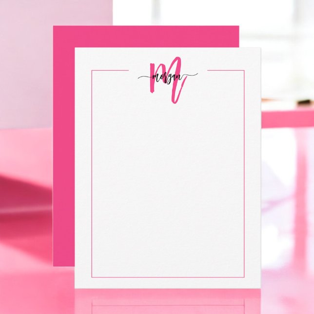 Minimalist Script Monogram One Border Hot Pink Card (Creator Uploaded)