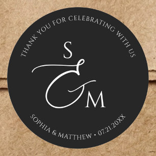 Minimalist Script Monogram Wedding Black Classic Round Sticker