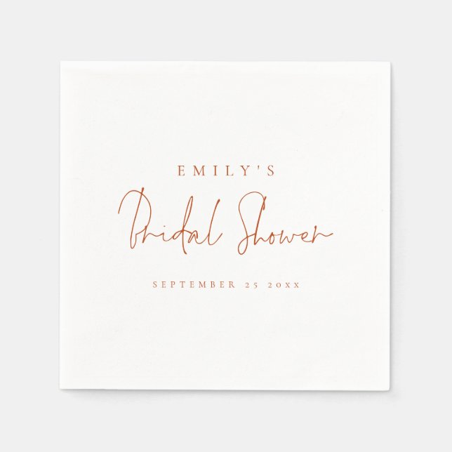Minimalist Script Name Date Rust Bridal Shower Napkin (Front)