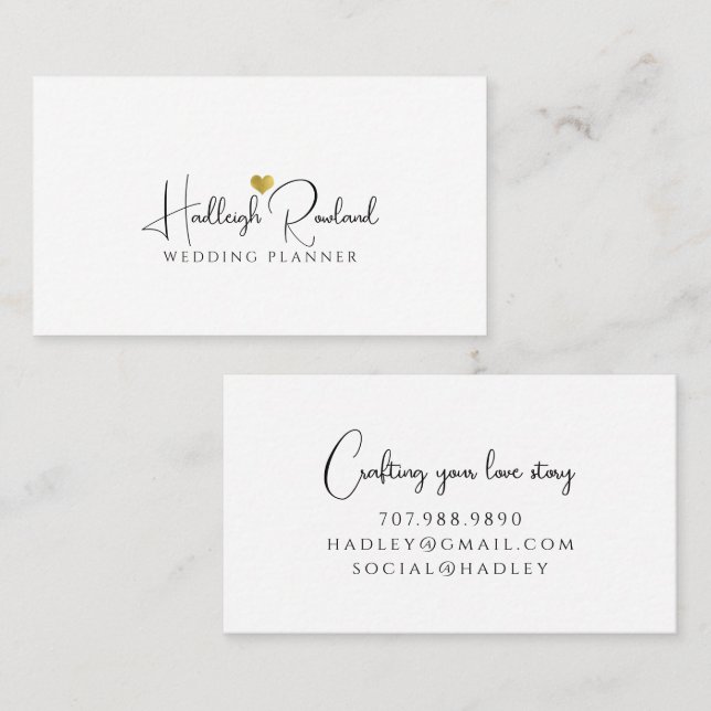 Minimalist Script Name Heart Wedding Planner Business Card (Front/Back)