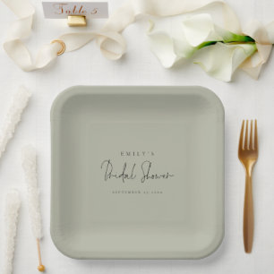 Minimalist Script Name Light Sage Bridal Shower Paper Plate