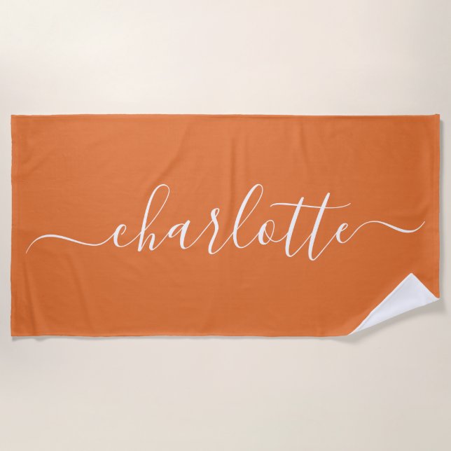 Minimalist Script Name Personalized Bright Orange Beach Towel (Front)