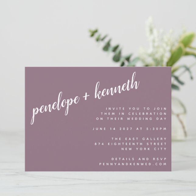 Minimalist Script Names Modern Wedding | Plum Invitation (Standing Front)