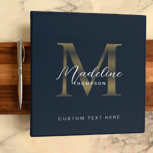 Minimalist Script Navy Blue Metallic Gold Monogram Binder