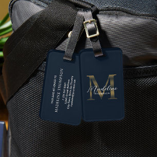 Minimalist Script Navy Blue Metallic Gold Monogram Luggage Tag