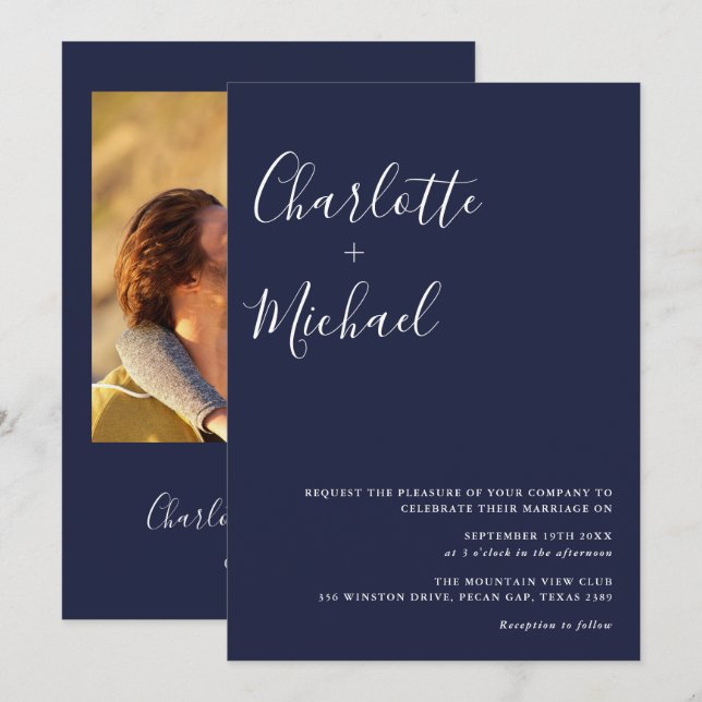 Minimalist Script Navy Blue Photo Wedding Invitation (Front/Back)