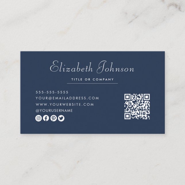 Minimalist Script Navy Blue Qr Code Professional Business Card (Front)