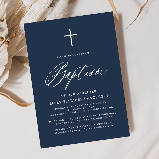 Minimalist Script Navy Blue Simple Baptism Invitation (Creator Uploaded)