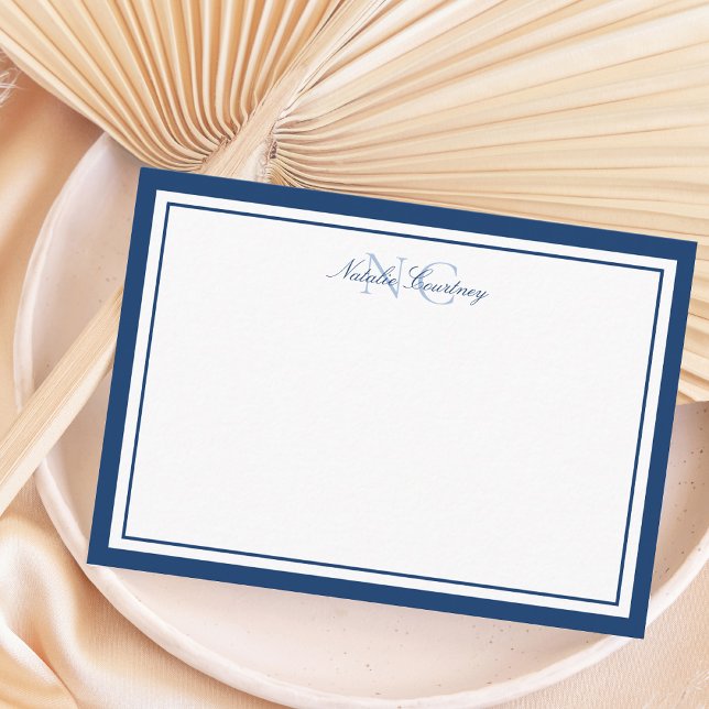Minimalist Script Navy Blue Two Border Monogram Card (Creator Uploaded)