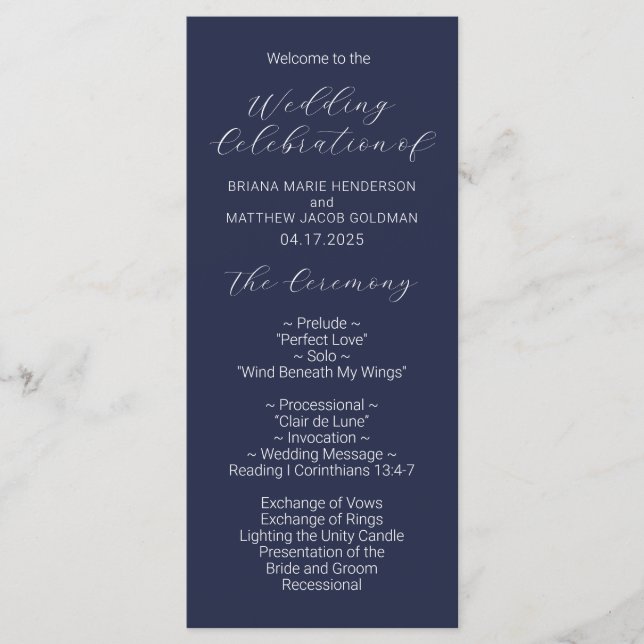 Minimalist Script Navy Blue Wedding Program (Front)