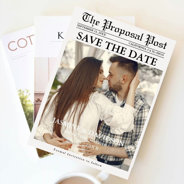 Minimalist script newspaper wedding save the date invitation (Creator Uploaded)