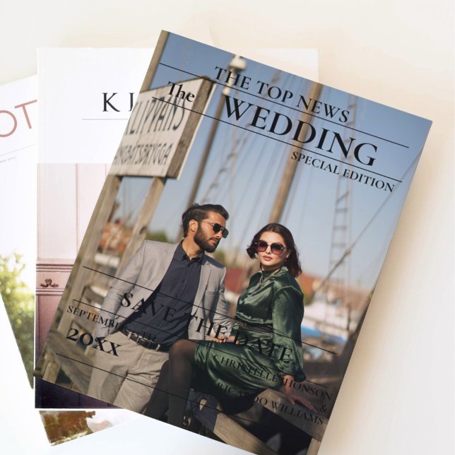 Minimalist script newspaper wedding save the date invitation (Creator Uploaded)