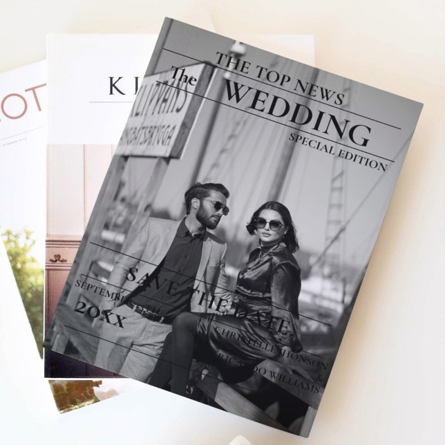 Minimalist script newspaper wedding save the date invitation (Creator Uploaded)