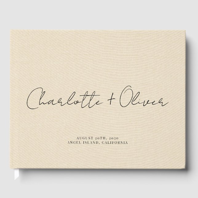 Minimalist Script Personalized Cream Wedding Guest Book (Front)