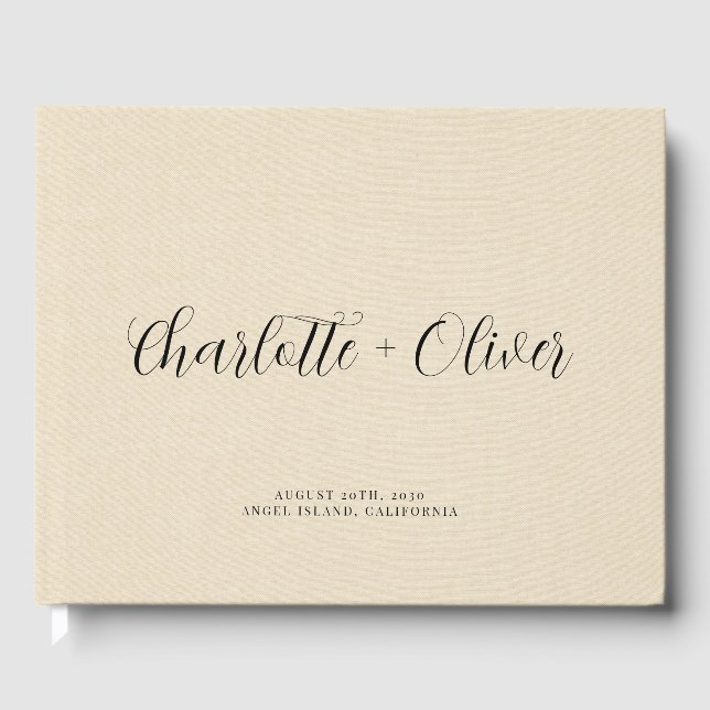 Minimalist Script Personalized Cream Wedding Guest Book (Front)