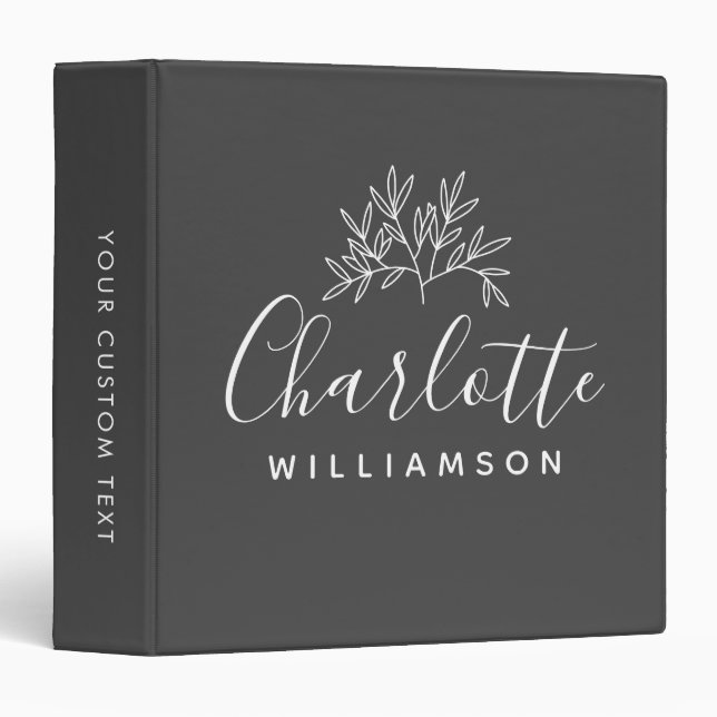 Minimalist Script Personalized Name Black Floral Binder (Front/Spine)