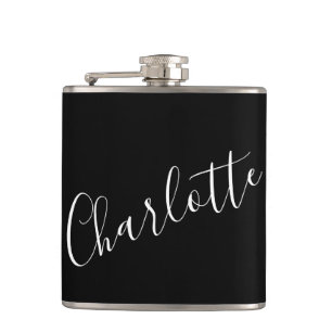Minimalist Script Personalized Name Black Hip Flask