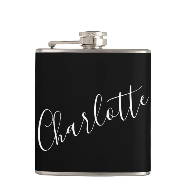 Minimalist Script Personalized Name Black Hip Flask (Front)