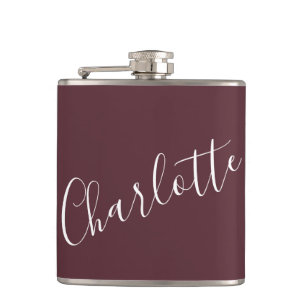 Minimalist Script Personalized Name Burgundy Hip Flask