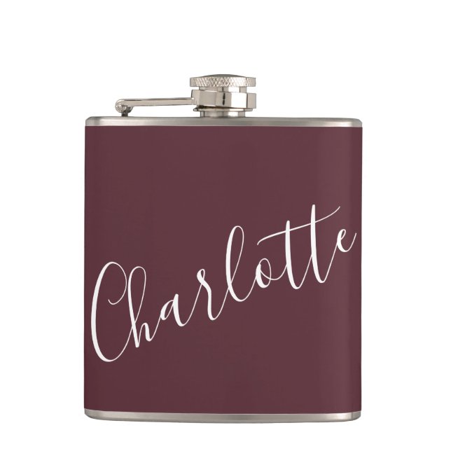 Minimalist Script Personalized Name Burgundy Hip Flask (Front)