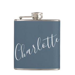 Minimalist Script Personalized Name Dark Blue Hip Flask