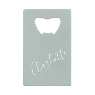 Minimalist Script Personalized Name Dusty Blue    Credit Card Bottle Opener