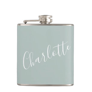 Minimalist Script Personalized Name Dusty Blue Hip Flask
