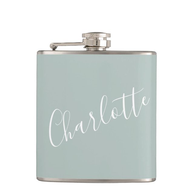Minimalist Script Personalized Name Dusty Blue Hip Flask (Front)