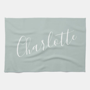 Minimalist Script Personalized Name   Dusty Blue Kitchen Towel