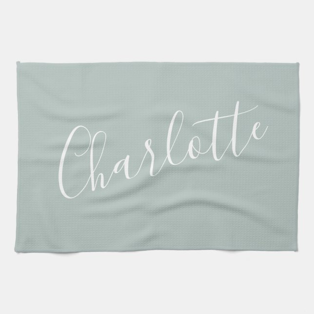 Minimalist Script Personalized Name | Dusty Blue Kitchen Towel (Horizontal)