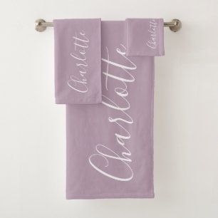 Minimalist Script Personalized Name   Dusty Lilac Bath Towel Set