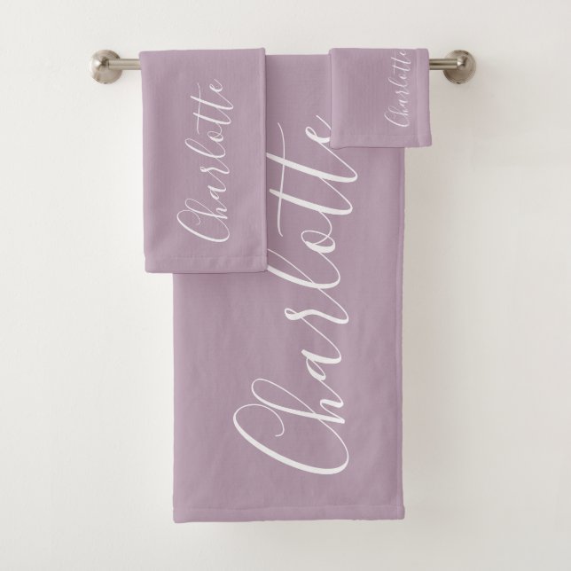 Minimalist Script Personalized Name | Dusty Lilac Bath Towel Set (Insitu)