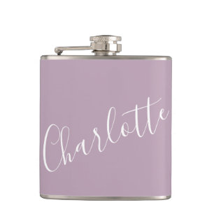 Minimalist Script Personalized Name Dusty Lilac Hip Flask