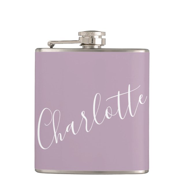 Minimalist Script Personalized Name Dusty Lilac Hip Flask (Front)