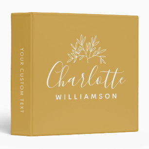 Minimalist Script Personalized Name Floral Yellow Binder