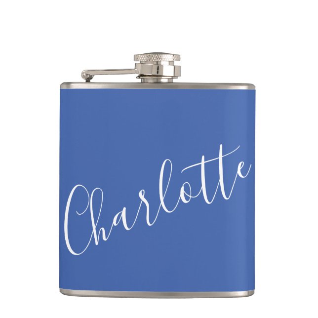 Minimalist Script Personalized Name French Blue Hip Flask (Front)