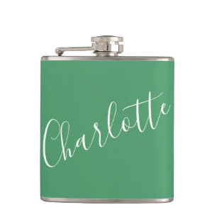 Minimalist Script Personalized Name Kelly Green Hip Flask