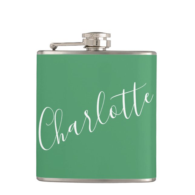 Minimalist Script Personalized Name Kelly Green Hip Flask (Front)