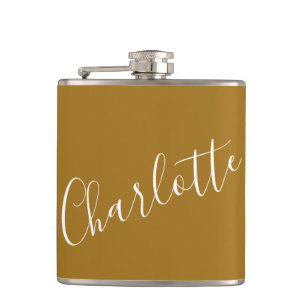 Minimalist Script Personalized Name Ochre Gold Hip Flask