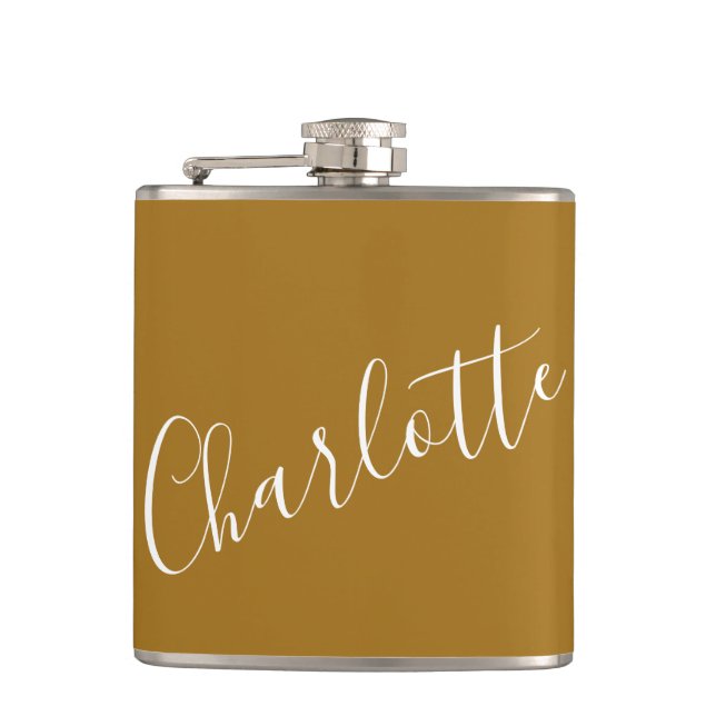 Minimalist Script Personalized Name Ochre Gold Hip Flask (Front)