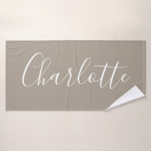 Minimalist Script Personalized Name Taupe Brown Bath Towel