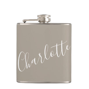 Minimalist Script Personalized Name Taupe Brown Hip Flask