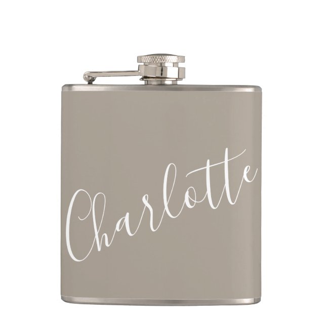 Minimalist Script Personalized Name Taupe Brown Hip Flask (Front)