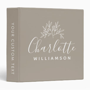 Minimalist Script Personalized Name Taupe Floral Binder